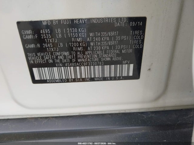 Aukcja sprzedaży 2015 Subaru Outback 2.5i Premium, vin: 4S4BSACC9F3230783, numer aukcji: 45211782