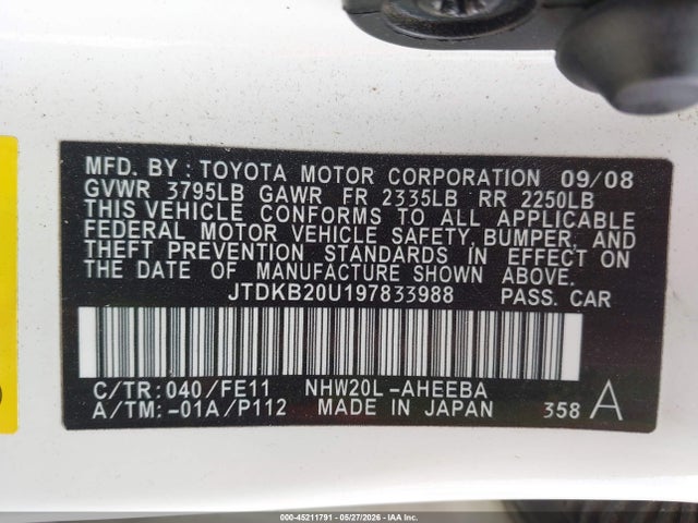 Продаж на аукціоні авто 2009 Toyota Prius, vin: JTDKB20U197833988, номер лоту: 45211791