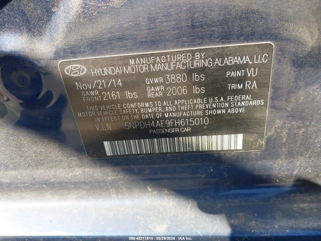 Продажа на аукционе авто 2015 Hyundai Elantra Se, vin: 5NPDH4AE9FH615010, номер лота: 45211814