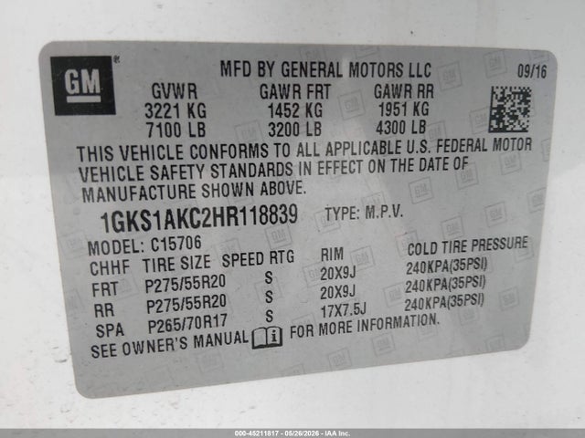 GMC YUKON SLE 2017 1GKS1AKC2HR118839 Image 9