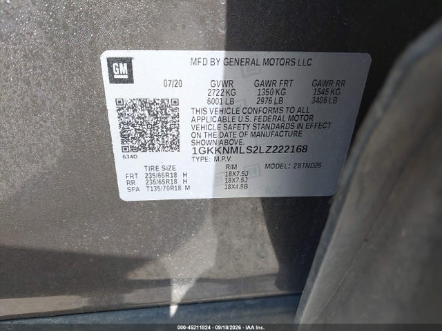 Auction sale of the 2020 Gmc Acadia Fwd Slt, vin: 1GKKNMLS2LZ222168, lot number: 45211824