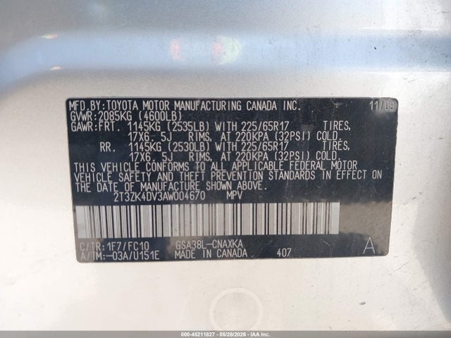 Aukcja sprzedaży 2010 Toyota Rav4 Base V6, vin: 2T3ZK4DV3AW004670, numer aukcji: 45211827