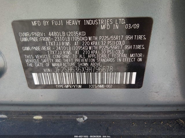 2009 Subaru Forester 2.5x მანქანა იყიდება აუქციონზე, vin: JF2SH636X9H796678, აუქციონის ნომერი: 45211832