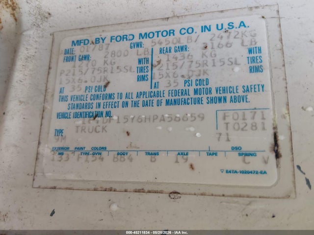 Продажа на аукционе авто 1987 Ford F150, vin: 1FTDF15Y6HPA56659, номер лота: 45211834