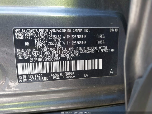 2019 Toyota Rav4 Xle მანქანა იყიდება აუქციონზე, vin: 2T3P1RFV5KC052985, აუქციონის ნომერი: 45211841