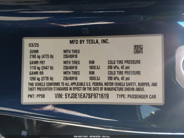 Продажа на аукционе авто 2025 Tesla Model 3 Long Range Rear-wheel Drive/standard Rear-wheel Drive, vin: 5YJ3E1EA7SF971619, номер лота: 45211843