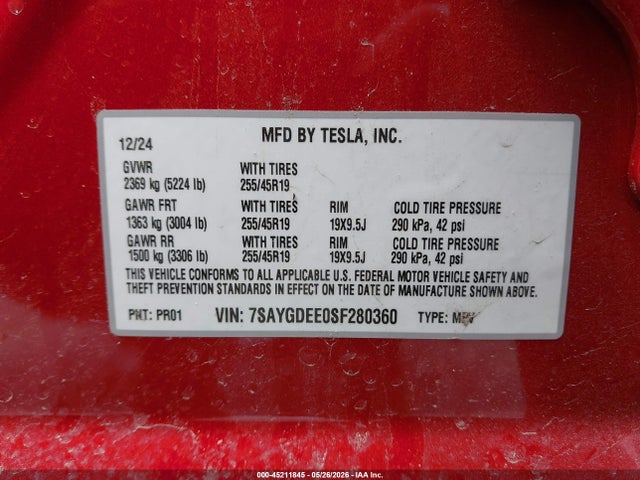 Aukcja sprzedaży 2025 Tesla Model Y Long Range Dual Motor All-wheel Drive, vin: 7SAYGDEE0SF280360, numer aukcji: 45211845