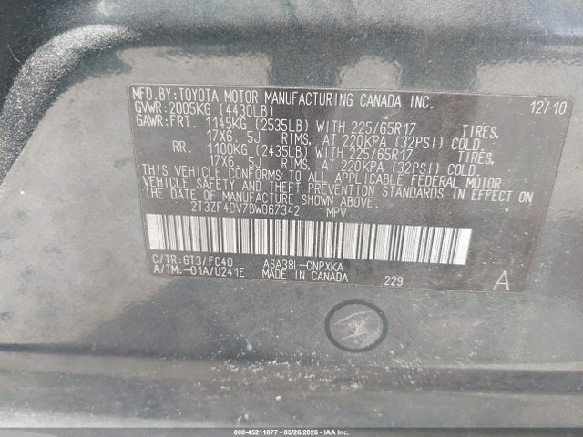 2011 Toyota Rav4 მანქანა იყიდება აუქციონზე, vin: 2T3ZF4DV7BW067342, აუქციონის ნომერი: 45211877