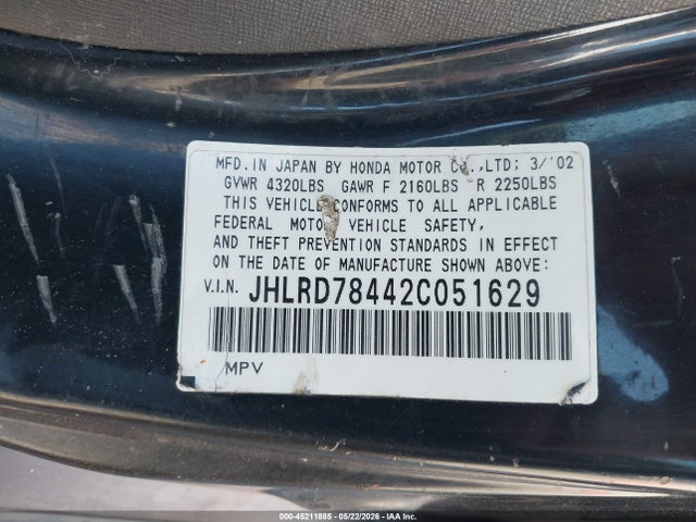 Продажа на аукционе авто 2002 Honda Cr-v Lx, vin: JHLRD78442C051629, номер лота: 45211885
