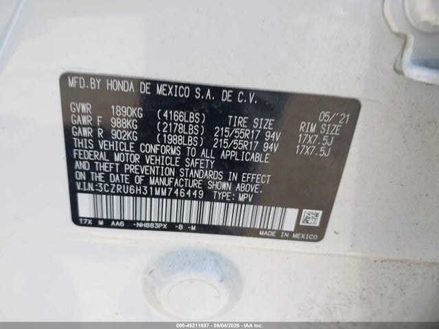 Honda Hr-v Awd Lx 2021 3CZRU6H31MM746449 Image 9