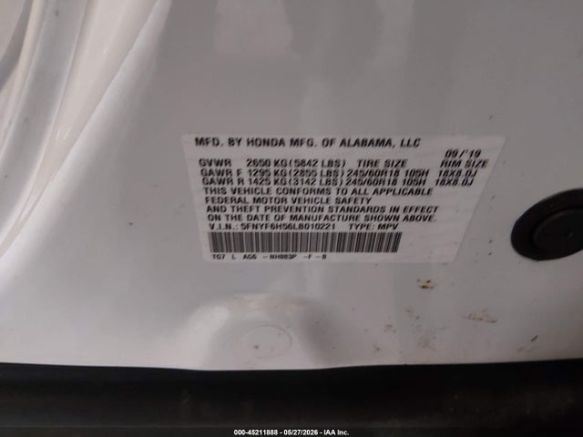 Aukcja sprzedaży 2020 Honda Pilot Awd Ex-l, vin: 5FNYF6H56LB010221, numer aukcji: 45211888
