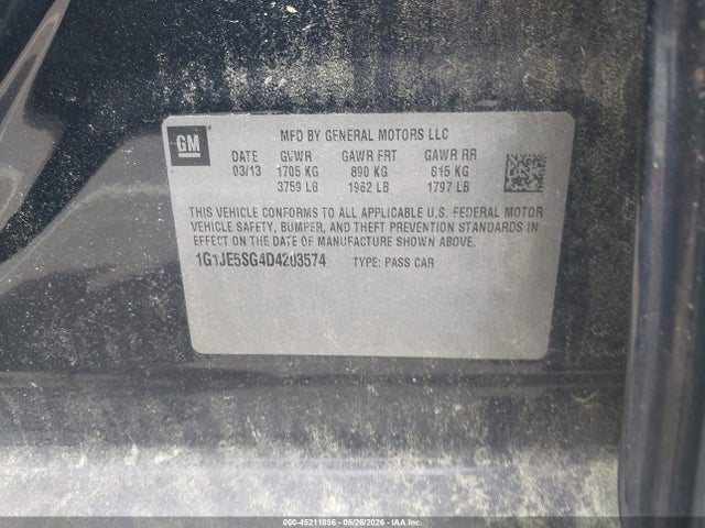 Aukcja sprzedaży 2013 Chevrolet Sonic Ltz Auto, vin: 1G1JE5SG4D4203574, numer aukcji: 45211896