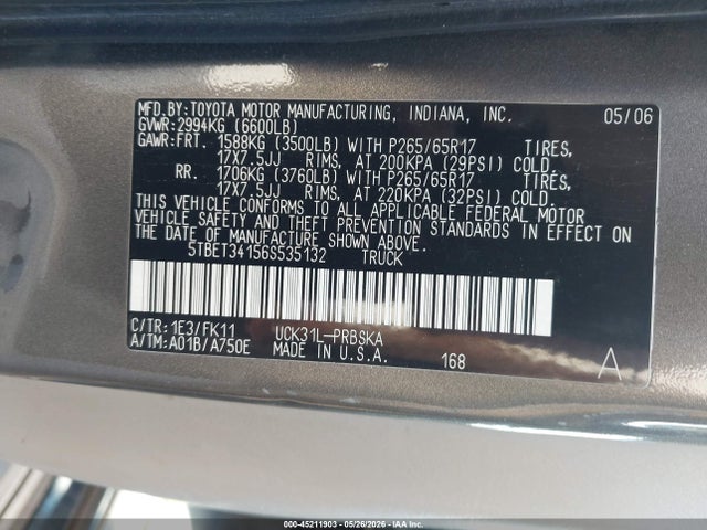 Aukcja sprzedaży 2006 Toyota Tundra Sr5 V8, vin: 5TBET34156S535132, numer aukcji: 45211903