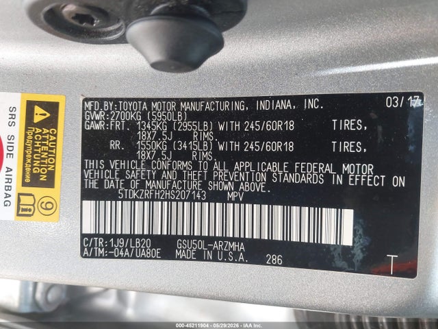Toyota Highlander Xle 2017 5TDKZRFH2HS207143 Image 9
