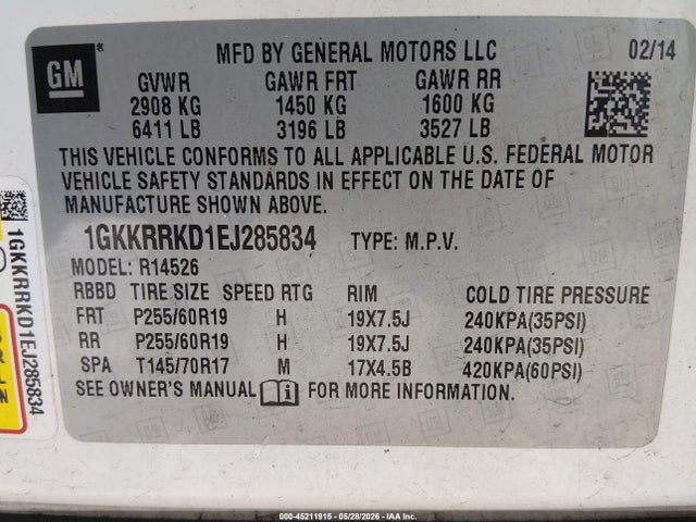 45211915 :رقم المزاد ، 1GKKRRKD1EJ285834 vin ، 2014 Gmc Acadia Slt-1 مزاد بيع