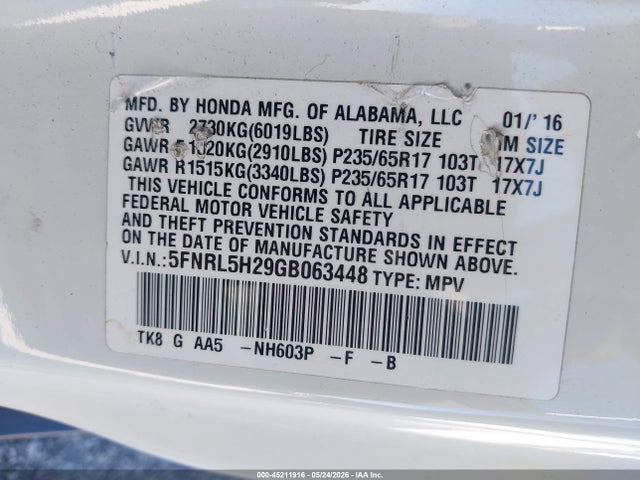Aukcja sprzedaży 2016 Honda Odyssey Lx, vin: 5FNRL5H29GB063448, numer aukcji: 45211916