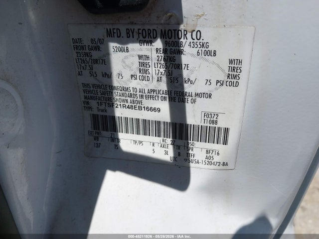 45211926 :رقم المزاد ، 1FTSF21R48EB16669 vin ، 2008 Ford F-250 Xl/xlt مزاد بيع