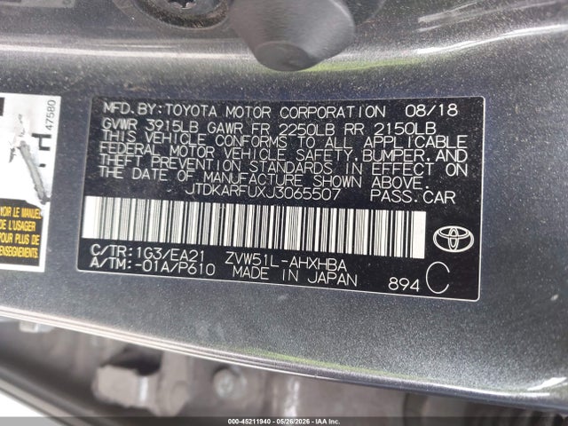 Aukcja sprzedaży 2018 Toyota Prius Four Touring, vin: JTDKARFUXJ3065507, numer aukcji: 45211940