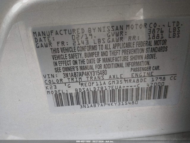 Nissan SENTRA SV 2019 3N1AB7AP4KY315480 Image 9