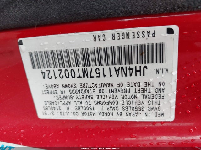 45211954 :رقم المزاد ، JH4NA1157MT002124 vin ، 1991 Acura Nsx مزاد بيع