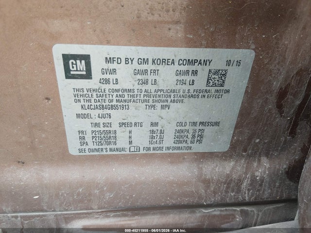 2016 Buick Encore მანქანა იყიდება აუქციონზე, vin: KL4CJASB4GB551913, აუქციონის ნომერი: 45211955