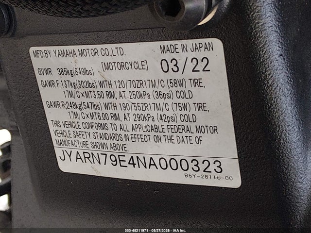 45211971 :رقم المزاد ، JYARN79E4NA000323 vin ، 2022 Yamaha Mtn1000 مزاد بيع
