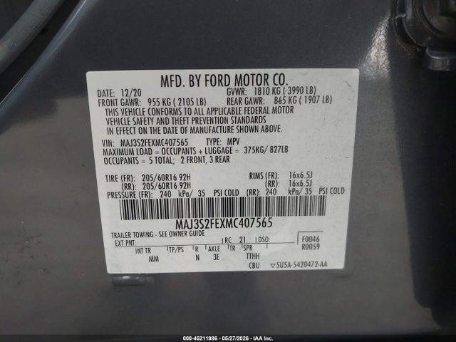 Aukcja sprzedaży 2021 Ford Ecosport S, vin: MAJ3S2FEXMC407565, numer aukcji: 45211986