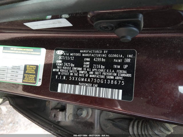 2013 Kia Optima Lx მანქანა იყიდება აუქციონზე, vin: 5XXGM4A75DG138675, აუქციონის ნომერი: 45211994