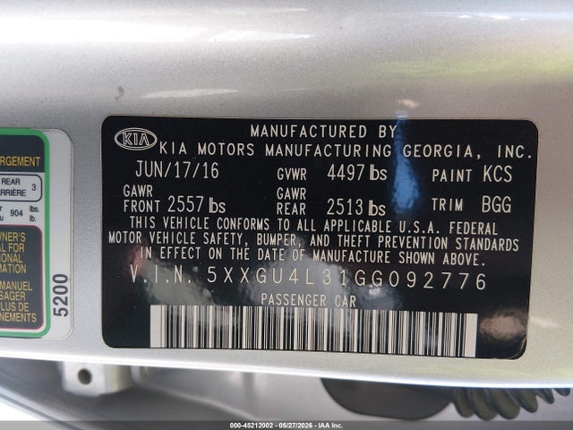 KIA OPTIMA EX 2016 5XXGU4L31GG092776 Image 9