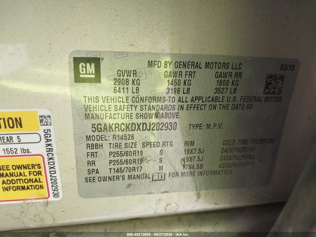 Aukcja sprzedaży 2013 Buick Enclave Leather, vin: 5GAKRCKDXDJ202930, numer aukcji: 45212005
