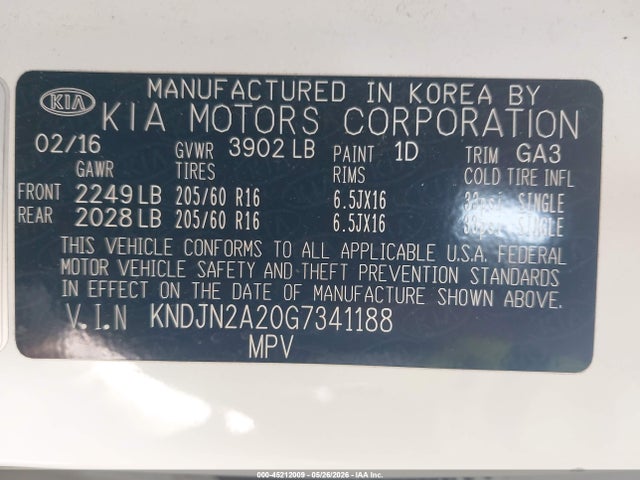 2016 Kia Soul მანქანა იყიდება აუქციონზე, vin: KNDJN2A20G7341188, აუქციონის ნომერი: 45212009
