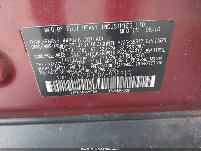 Продажа на аукционе авто 2010 Subaru Forester 2.5x Limited, vin: JF2SH6DC8AH906216, номер лота: 45212010