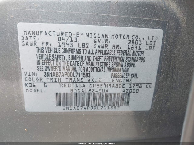 Aukcja sprzedaży 2013 Nissan Sentra Sr, vin: 3N1AB7AP0DL711583, numer aukcji: 45212013