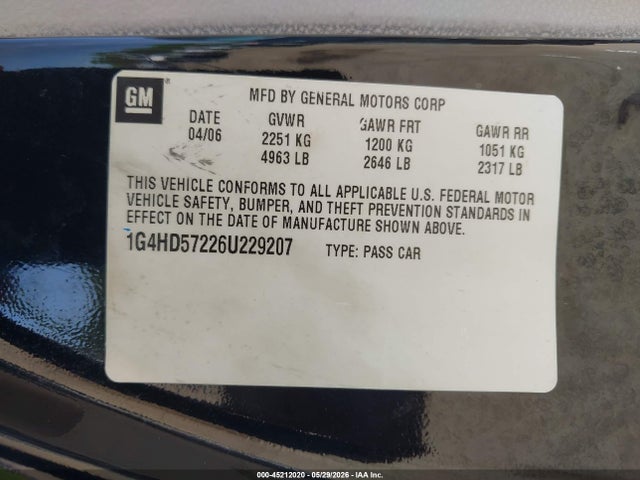 45212020 :رقم المزاد ، 1G4HD57226U229207 vin ، 2006 Buick Lucerne Cxl مزاد بيع