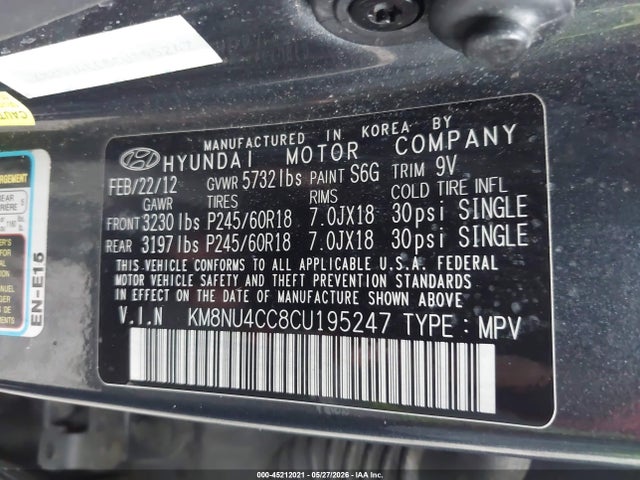Продаж на аукціоні авто 2012 Hyundai Veracruz Limited, vin: KM8NU4CC8CU195247, номер лоту: 45212021