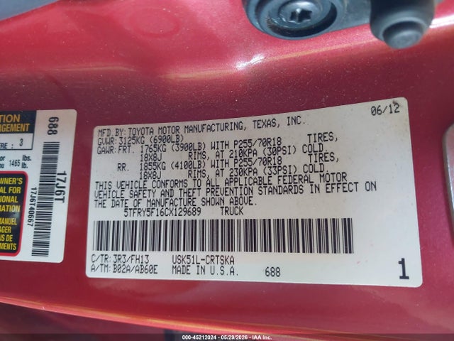 Aukcja sprzedaży 2012 Toyota Tundra Grade 5.7l V8, vin: 5TFRY5F16CX129689, numer aukcji: 45212024