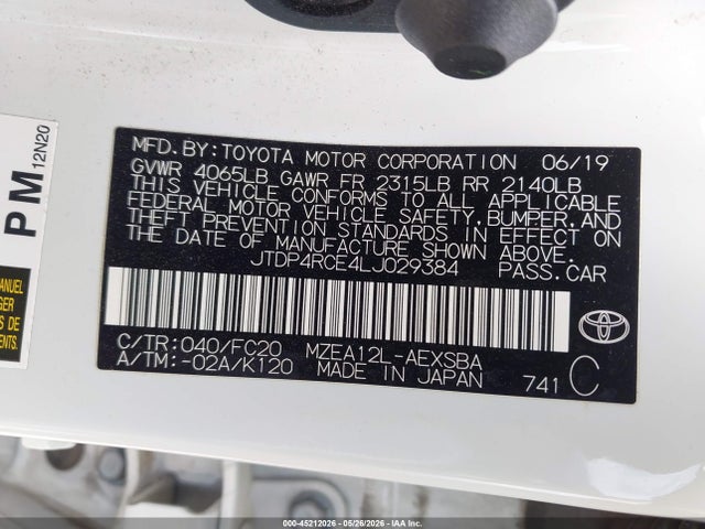 JTDP4RCE4LJ029384 Toyota COROLLA SE