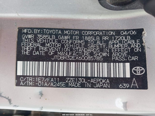 Aukcja sprzedaży 2006 Toyota Corolla Ce, vin: JTDBR32EX60085785, numer aukcji: 45212029