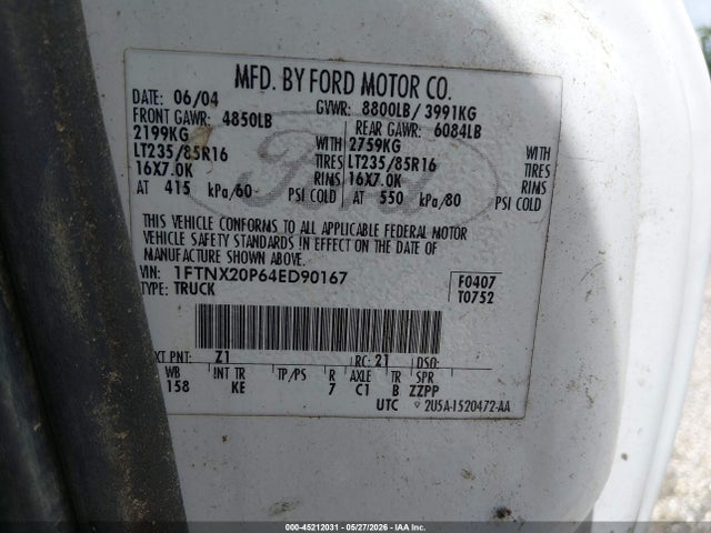 2004 Ford F-250 Lariat/xl/xlt მანქანა იყიდება აუქციონზე, vin: 1FTNX20P64ED90167, აუქციონის ნომერი: 45212031