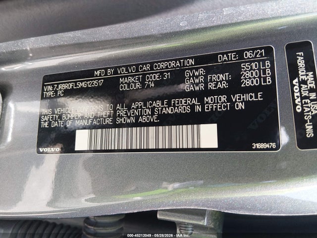 2021 Volvo S60 Recharge Plug-in Hybrid T8 Inscription მანქანა იყიდება აუქციონზე, vin: 7JRBR0FL5MG123517, აუქციონის ნომერი: 45212049