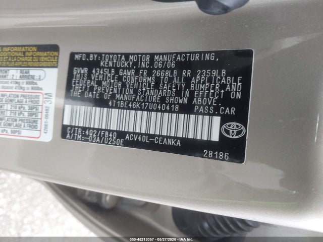 2007 Toyota Camry Le მანქანა იყიდება აუქციონზე, vin: 4T1BE46K17U040418, აუქციონის ნომერი: 45212057