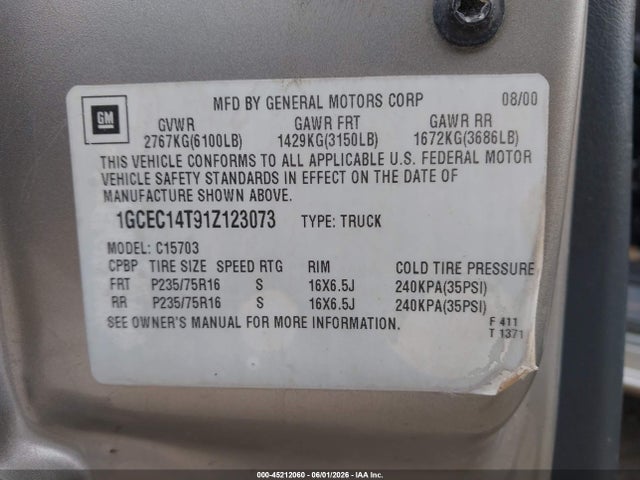 Продаж на аукціоні авто 2001 Chevrolet Silverado 1500, vin: 1GCEC14T91Z123073, номер лоту: 45212060