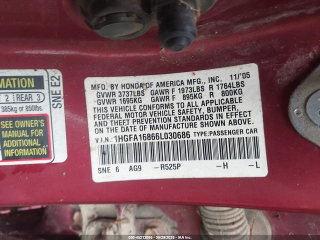 45212066 :رقم المزاد ، 1HGFA16866L030686 vin ، 2006 Honda Civic Ex مزاد بيع