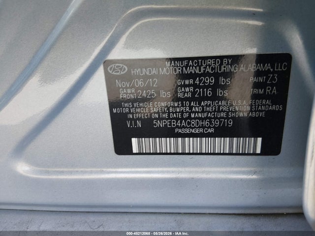 Продаж на аукціоні авто 2013 Hyundai Sonata Gls, vin: 5NPEB4AC8DH639719, номер лоту: 45212068