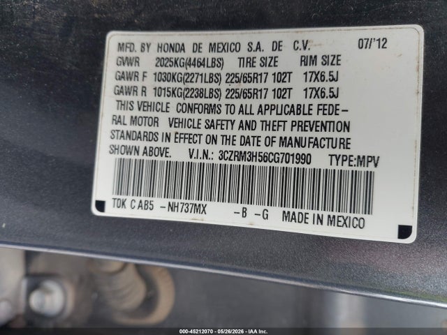 45212070 :رقم المزاد ، 3CZRM3H56CG701990 vin ، 2012 Honda Cr-v Ex مزاد بيع