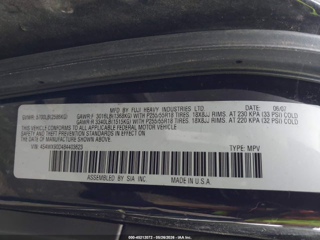 45212072 :رقم المزاد ، 4S4WX90D484403623 vin ، 2008 Subaru Tribeca Limited 7-passenger مزاد بيع