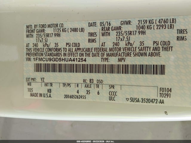 Auction sale of the 2017 Ford Escape Se, vin: 1FMCU9GD5HUA41254, lot number: 45212092