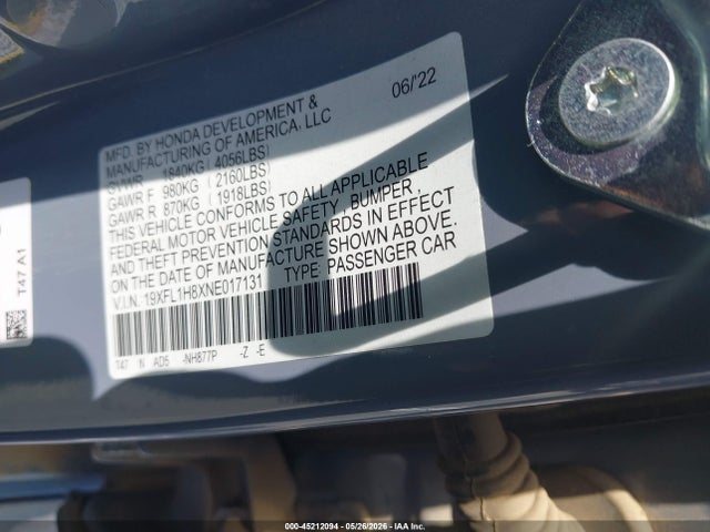 45212094 :رقم المزاد ، 19XFL1H8XNE017131 vin ، 2022 Honda Civic Sport Touring مزاد بيع
