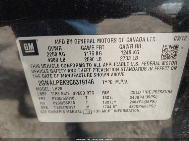 Продаж на аукціоні авто 2012 Chevrolet Equinox 2lt, vin: 2GNALPEK8C6319146, номер лоту: 45212102