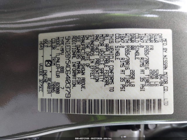 45212105 :رقم المزاد ، 5N1ED28Y54C640379 vin ، 2004 Nissan Xterra Xe مزاد بيع